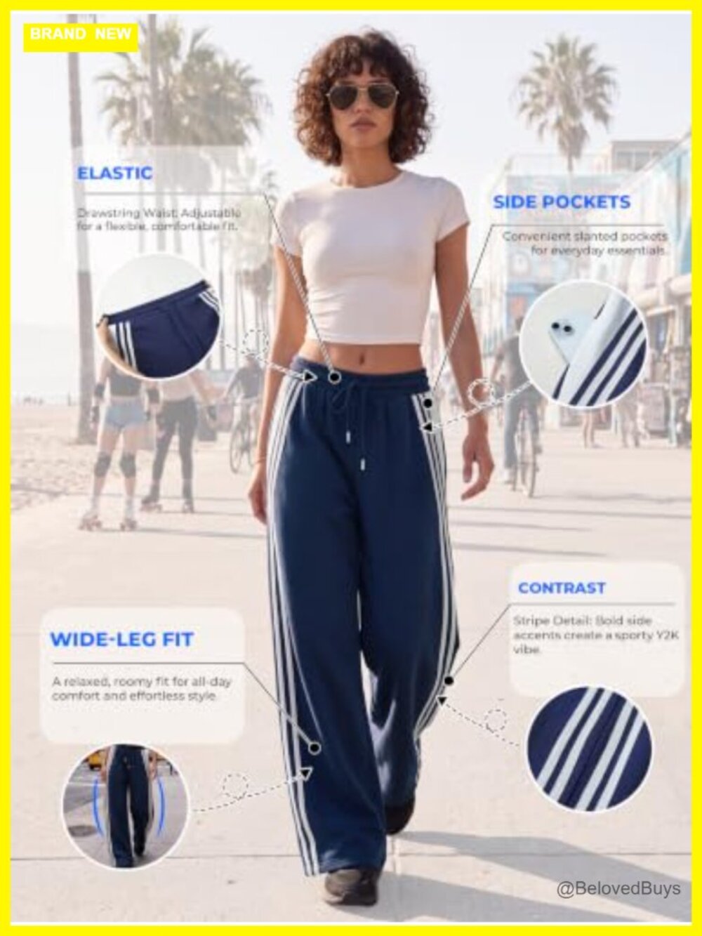 EMMIOL Wide Leg Striped Sweatpants with Pockets High Rise Drawstring - Picture 3 of 5